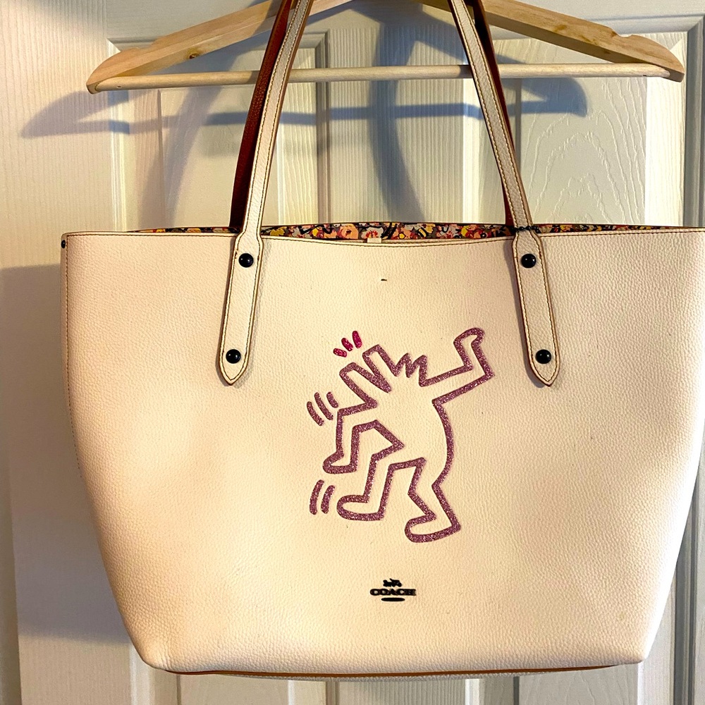 Coach X Keith Haring White Pebble Leather “Dancing Dog” Market Tote